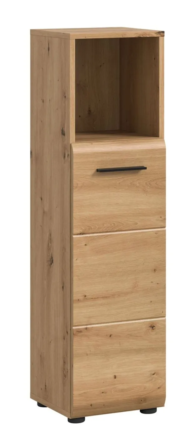 Standschrank hoch Ice, Artisan Eiche Dekor, Schmales Hochregal mit 3 Schubkästen und offenem Fach oben – Ansicht 2
