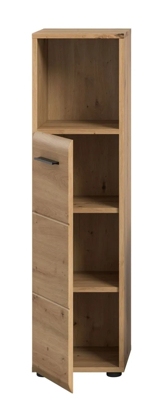 Standschrank hoch Ice, Artisan Eiche Dekor, Schmales Hochregal mit 3 Schubkästen und offenem Fach oben – Ansicht 4