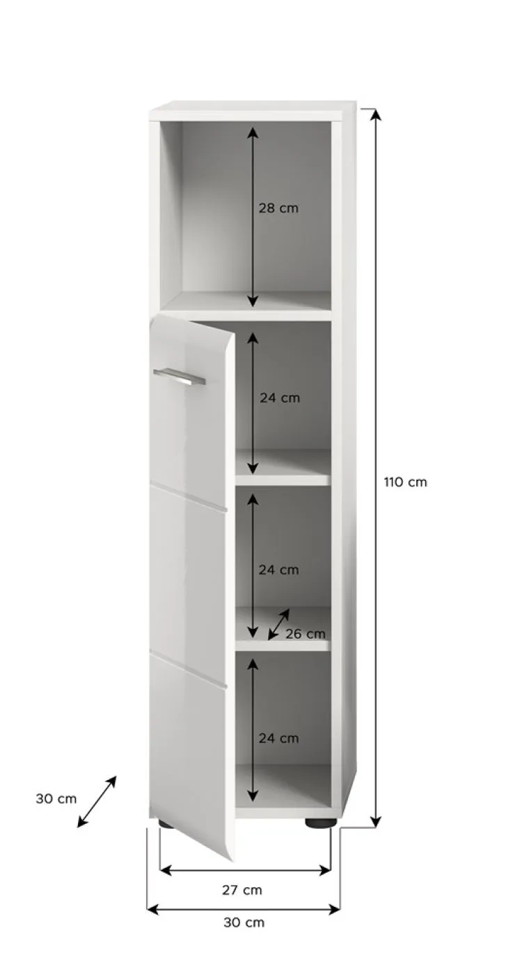 Standschrank hoch Ice, weiß Hochglanz, Offenes Fach oben, 1 Tür mit Griff, 2 Schubkästen, Standfüße – Ansicht 5