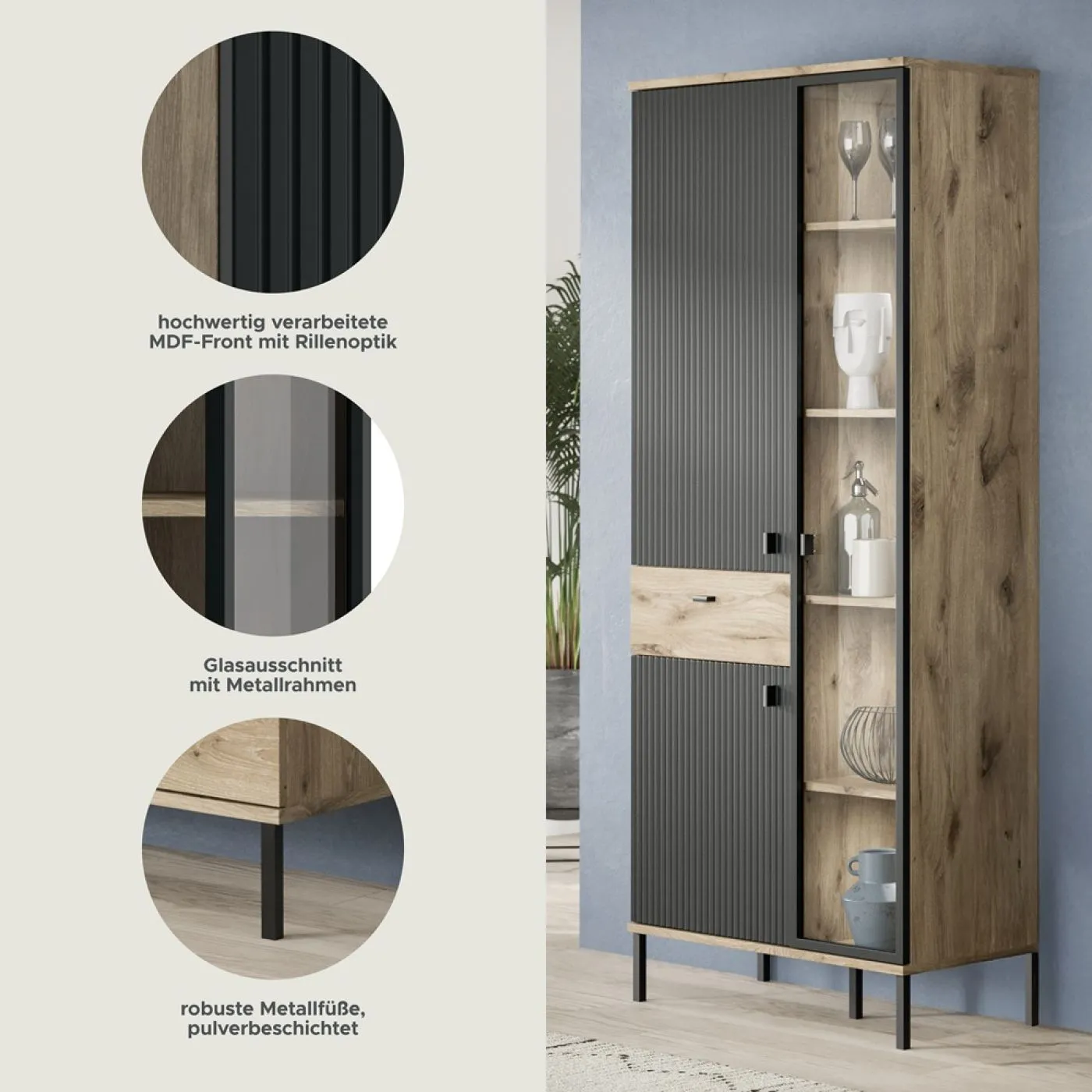 Stauraumvitrine Chess | Nox Oak / schwarz