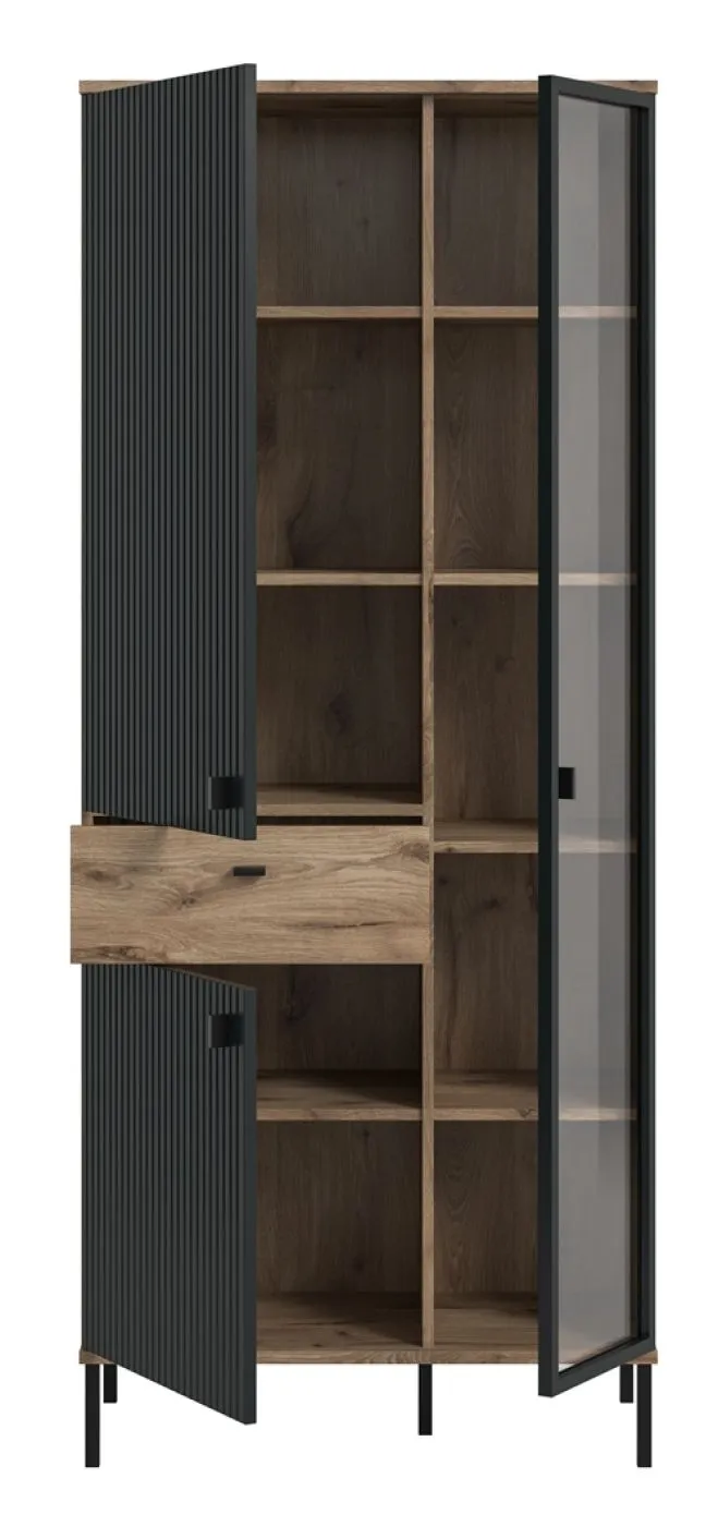 Stauraumvitrine Chess | Nox Oak / schwarz mit 2er Set LED