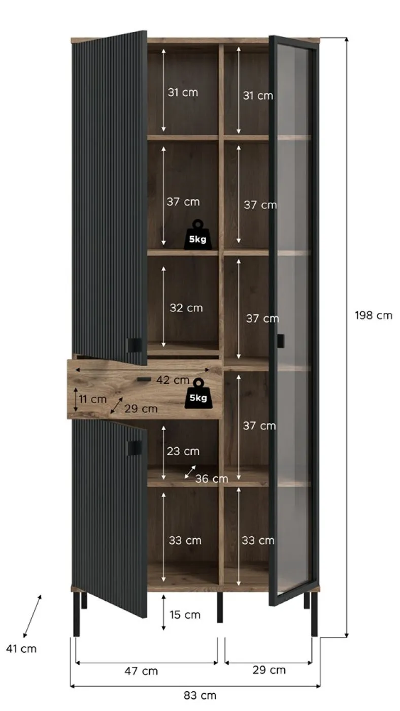 Stauraumvitrine Chess | Nox Oak / schwarz mit 2er Set Unterbauspot