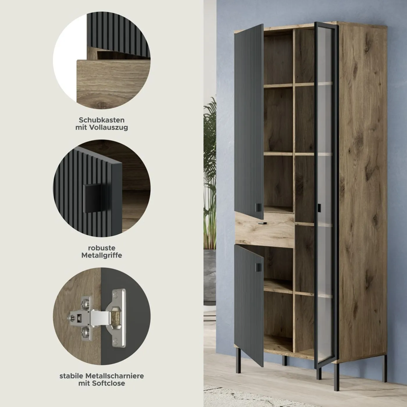 Stauraumvitrine Chess | Nox Oak / schwarz mit 2er Set Unterbauspot