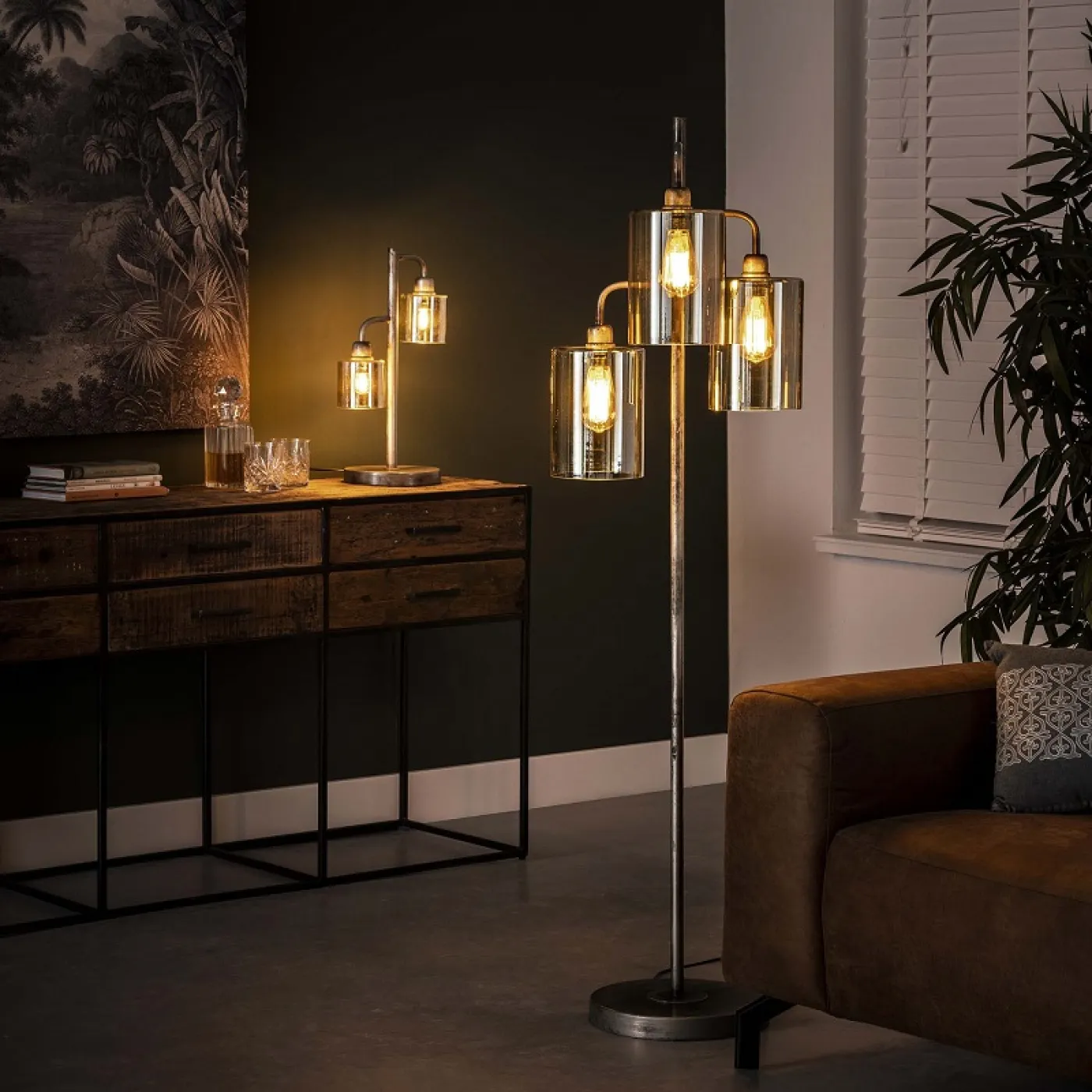 Tischleuchte Vale 2 Lampen | Braunglas | altsilber