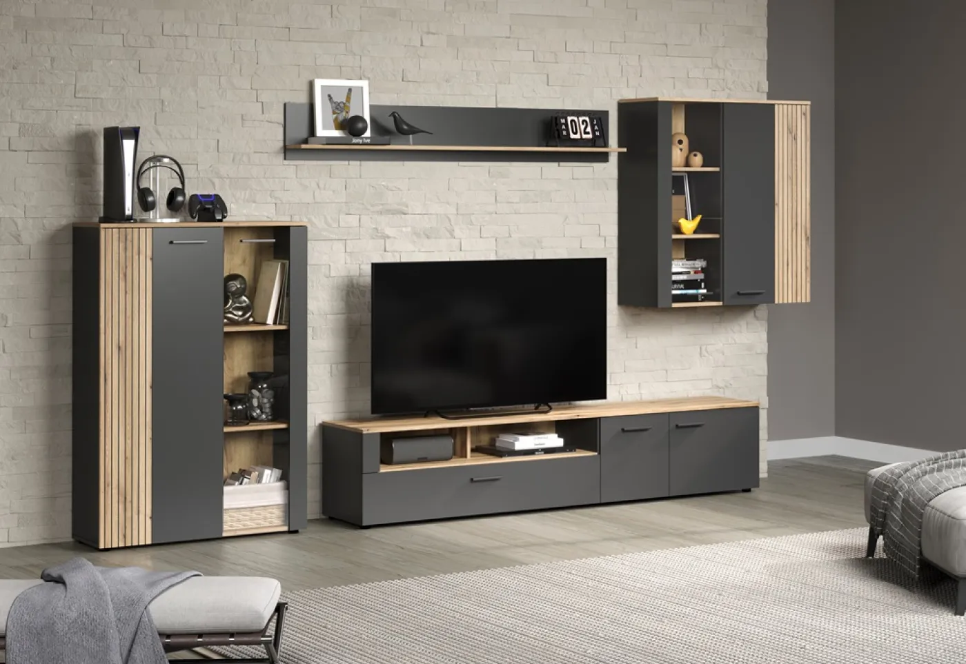 TV-Board Lowboard Esteban | Anthrazit / Coast Evoke Oak ohne Beleuchtung