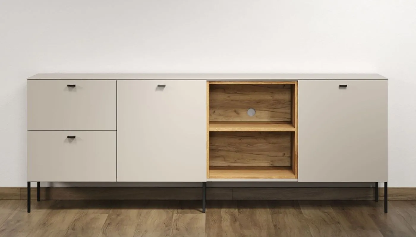 TV-Board Lowboard Sao Paulo, Schubkästen links, offenes Fachwerk mit Böden in der Mitte, Türen rechts, Metallfüße – Ansicht 3