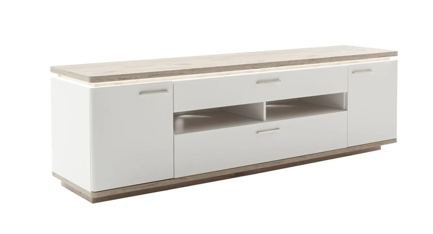 TV-Board Palermo, Soft white Dekor, TV-Board mit offenen Fächern in der Mitte, 2 geschlossene Schubkästen, Griffmulden – Ansicht 2
