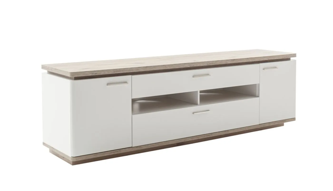 TV-Board Palermo, Soft white Dekor, TV-Board mit offenen Fächern in der Mitte, 2 geschlossene Schubkästen, Griffmulden – Ansicht 3