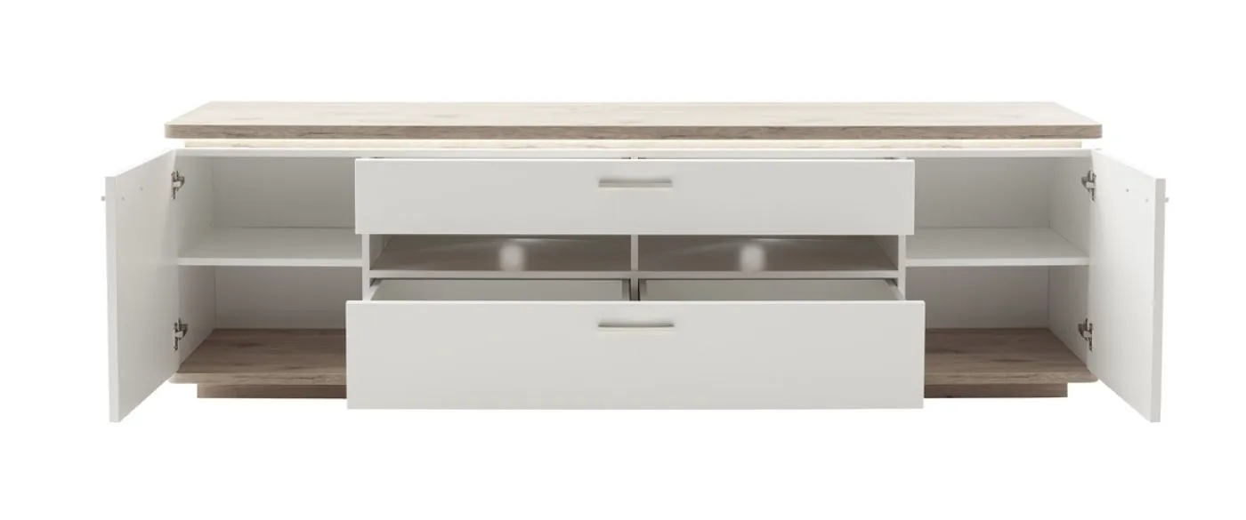 TV-Board Palermo, Soft white Dekor, TV-Board mit offenen Fächern in der Mitte, 2 geschlossene Schubkästen, Griffmulden – Ansicht 4