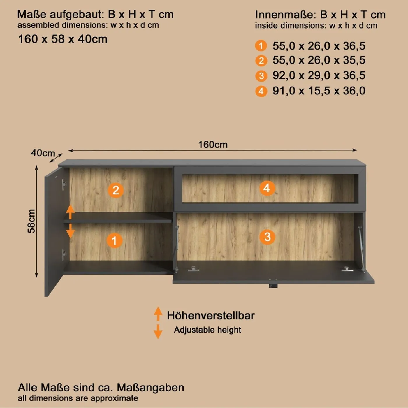 TV Lowboard Bellugi 1, Anthrazit, Evoke Eiche – Ansicht 4