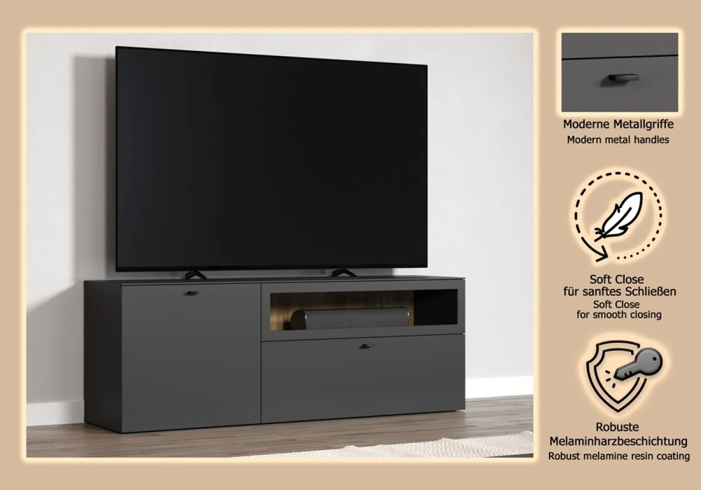 TV Lowboard Bellugi 1, Anthrazit, Evoke Eiche – Ansicht 5
