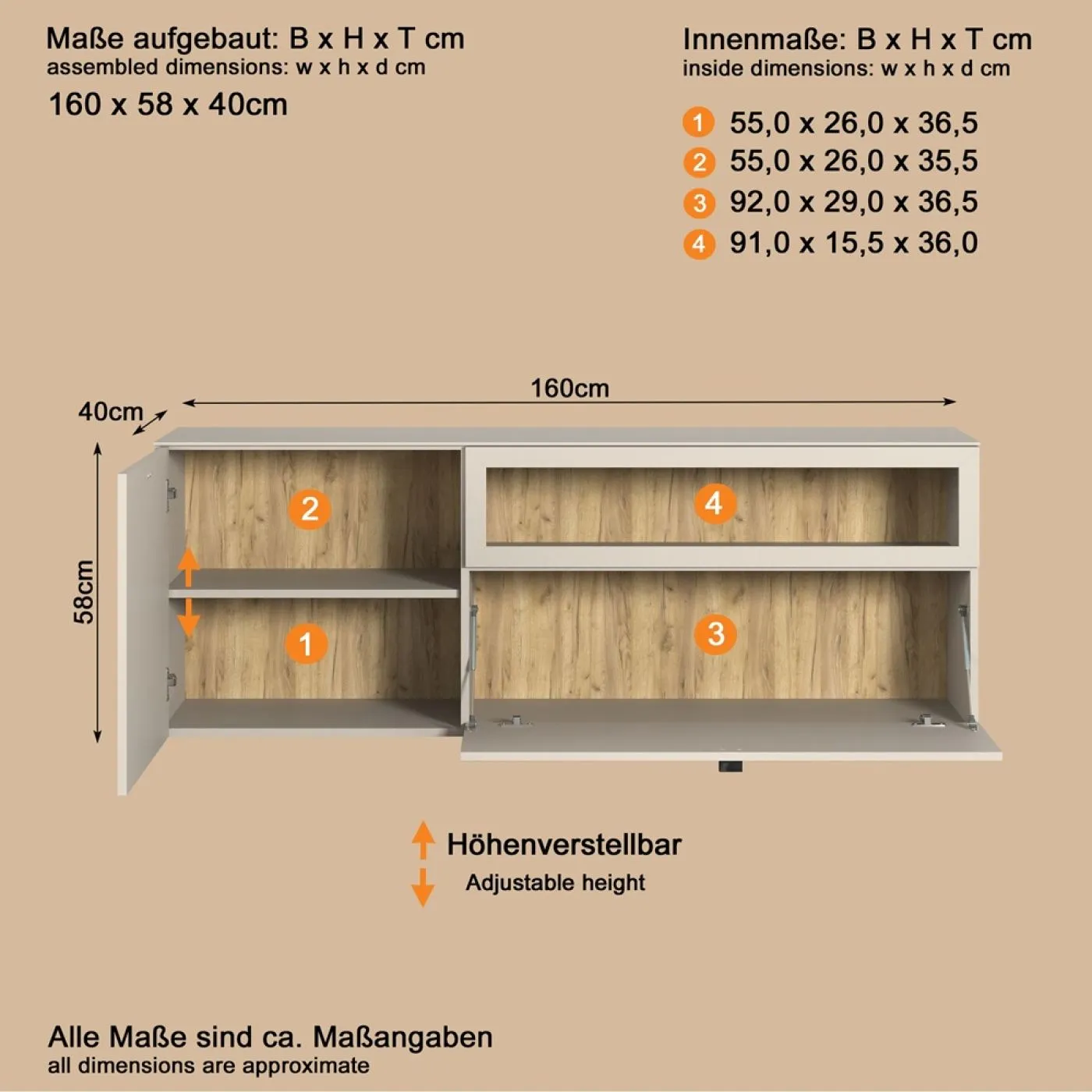 TV Lowboard Bellugi 1, Cashmere, Evoke Eiche – Ansicht 4