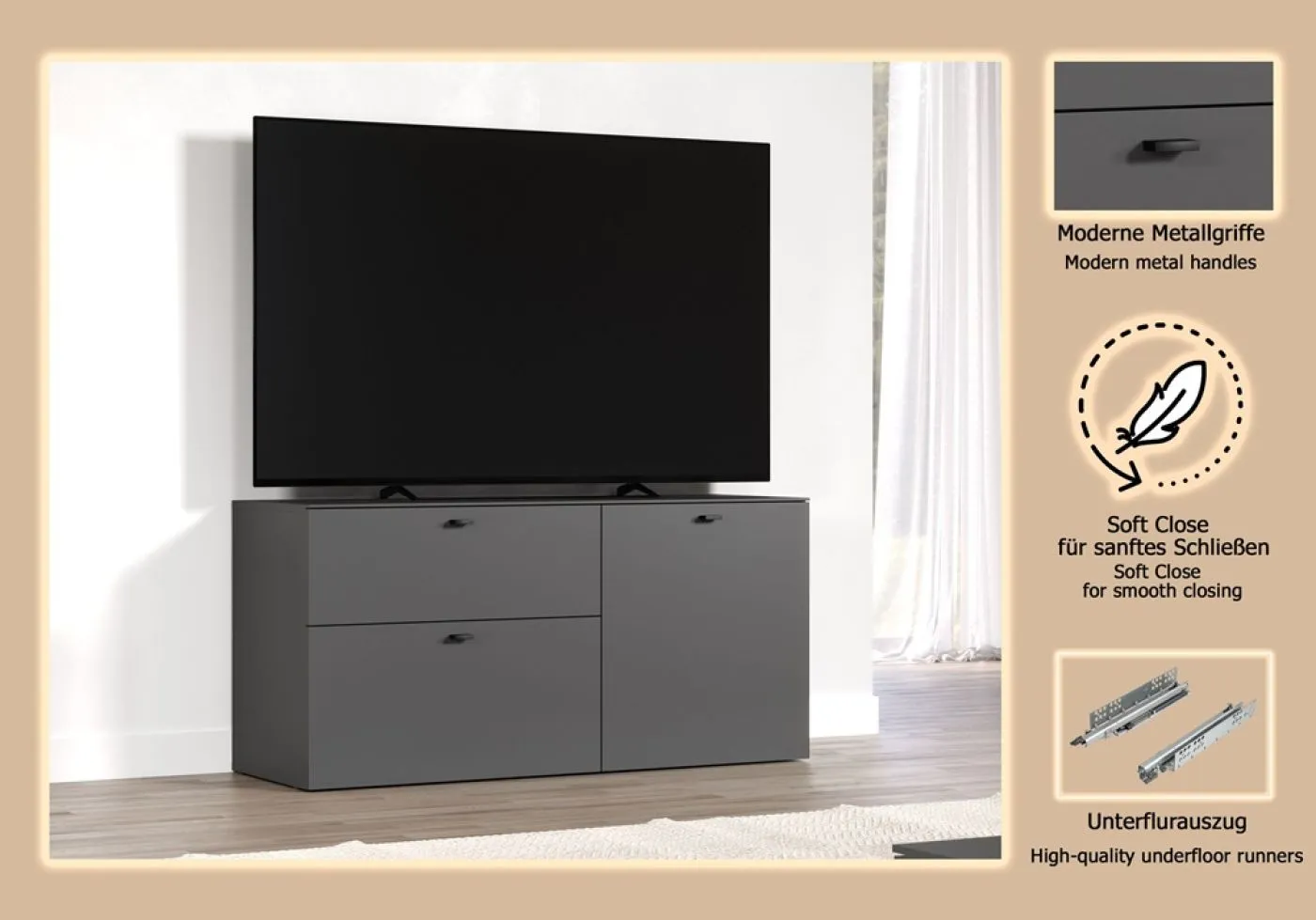 TV Lowboard Bellugi, Anthrazit, Evoke Eiche – Ansicht 6