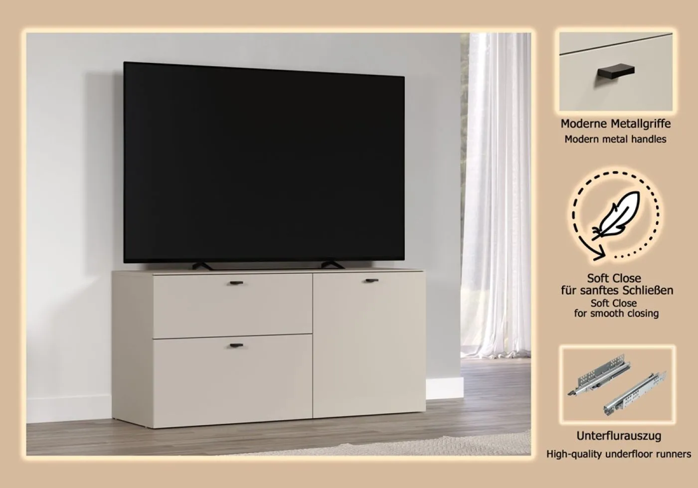TV Lowboard Bellugi, Cashmere, Evoke Eiche – Ansicht 5