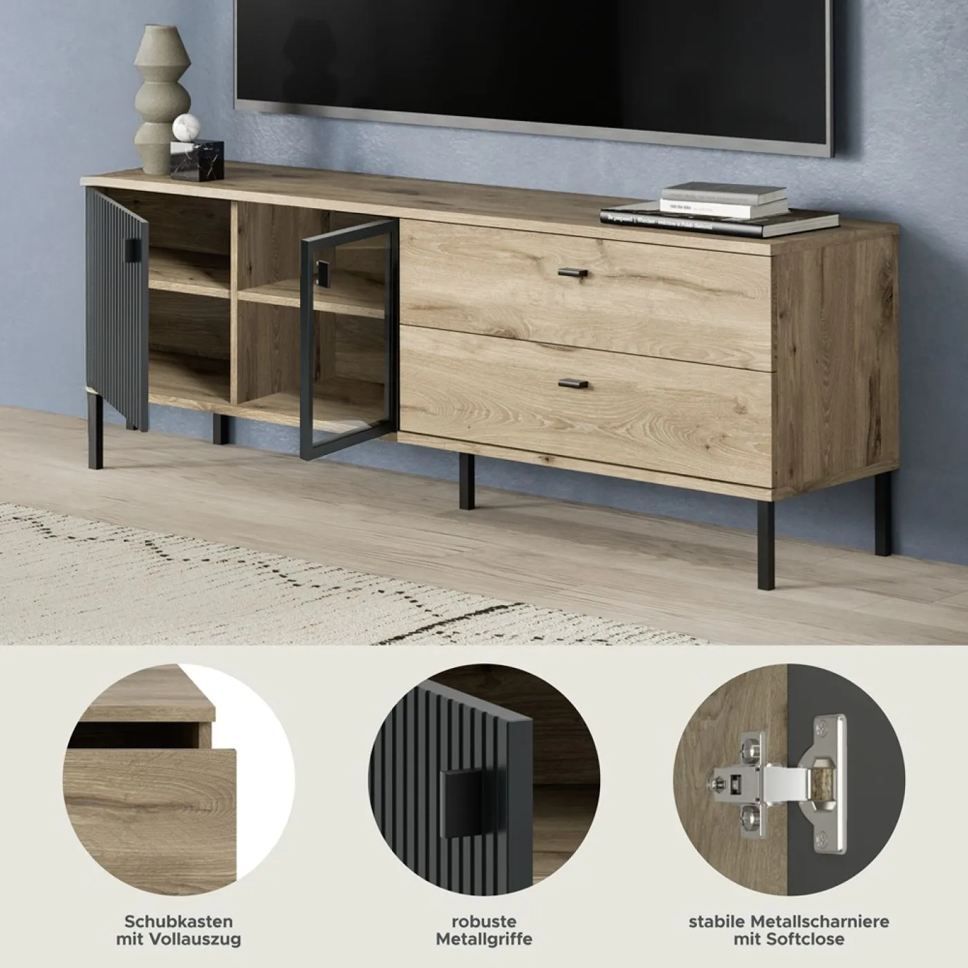 TV-Lowboard Chess | Nox Oak / schwarz ohne