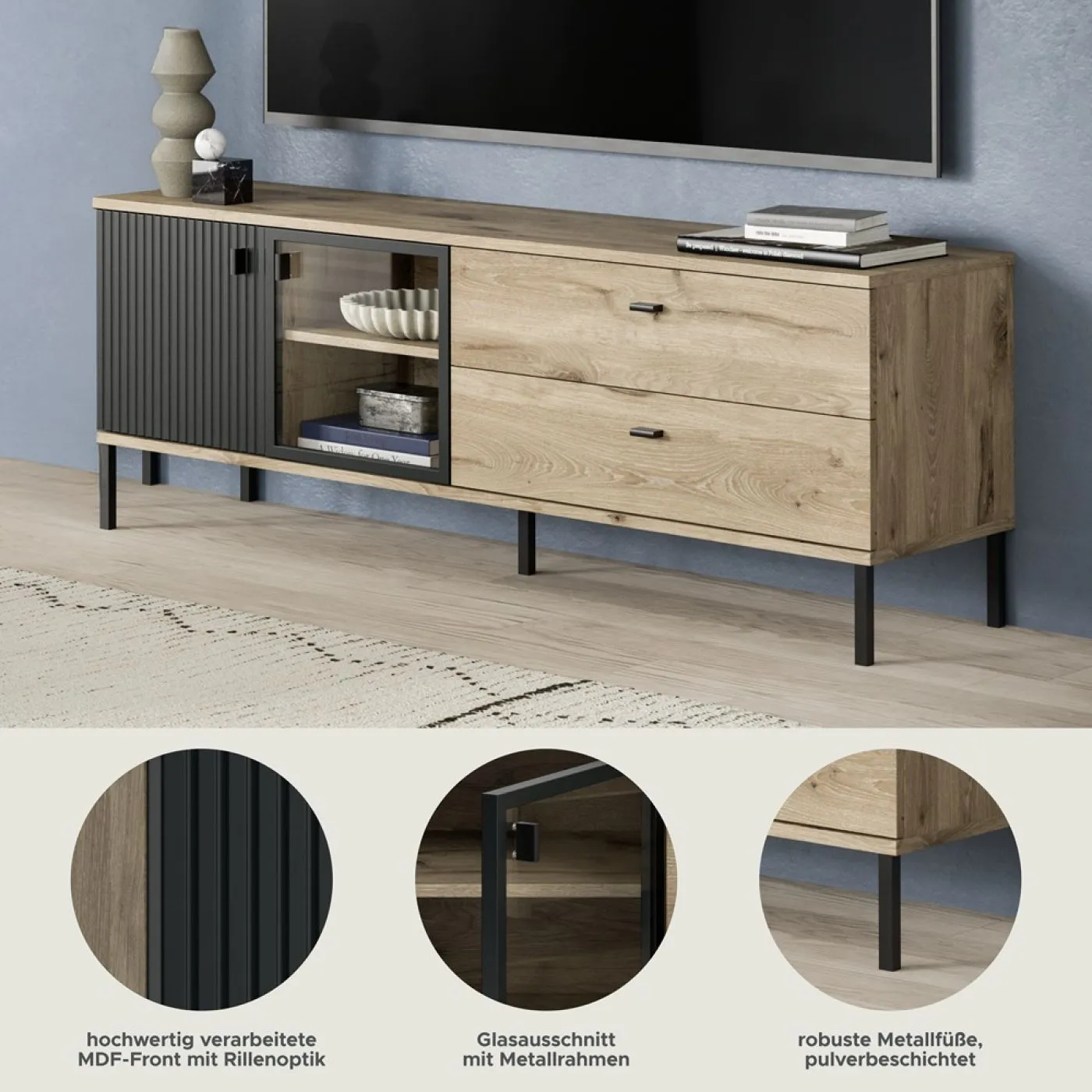 TV-Lowboard Chess | Nox Oak / schwarz ohne