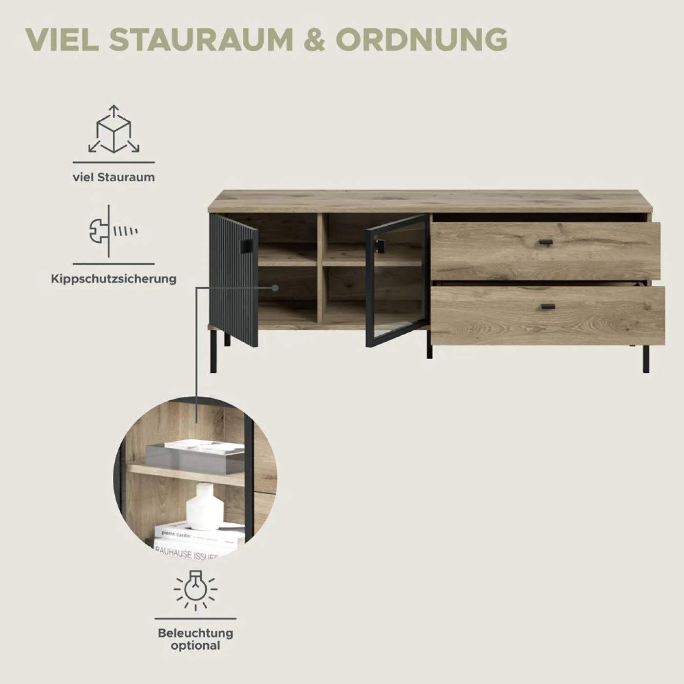 TV-Lowboard Chess | Nox Oak / schwarz ohne