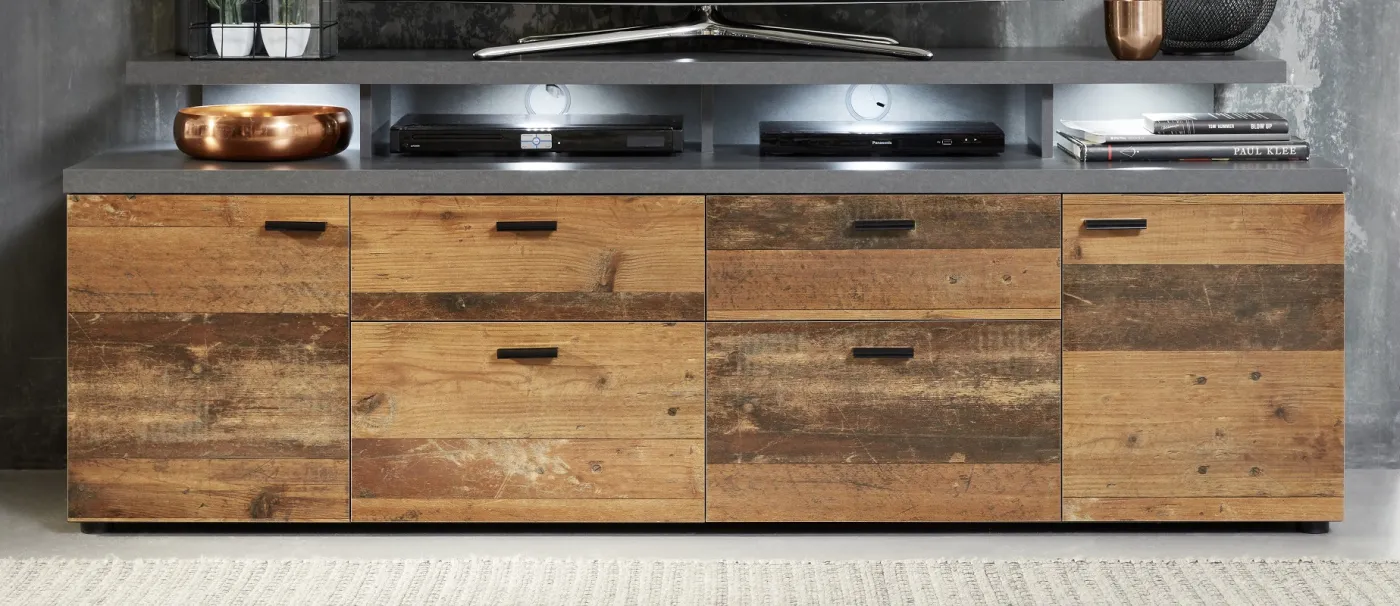 TV Lowboard Mood | Old Used Wood / Matera grau | Shabby Look ohne Beleuchtung