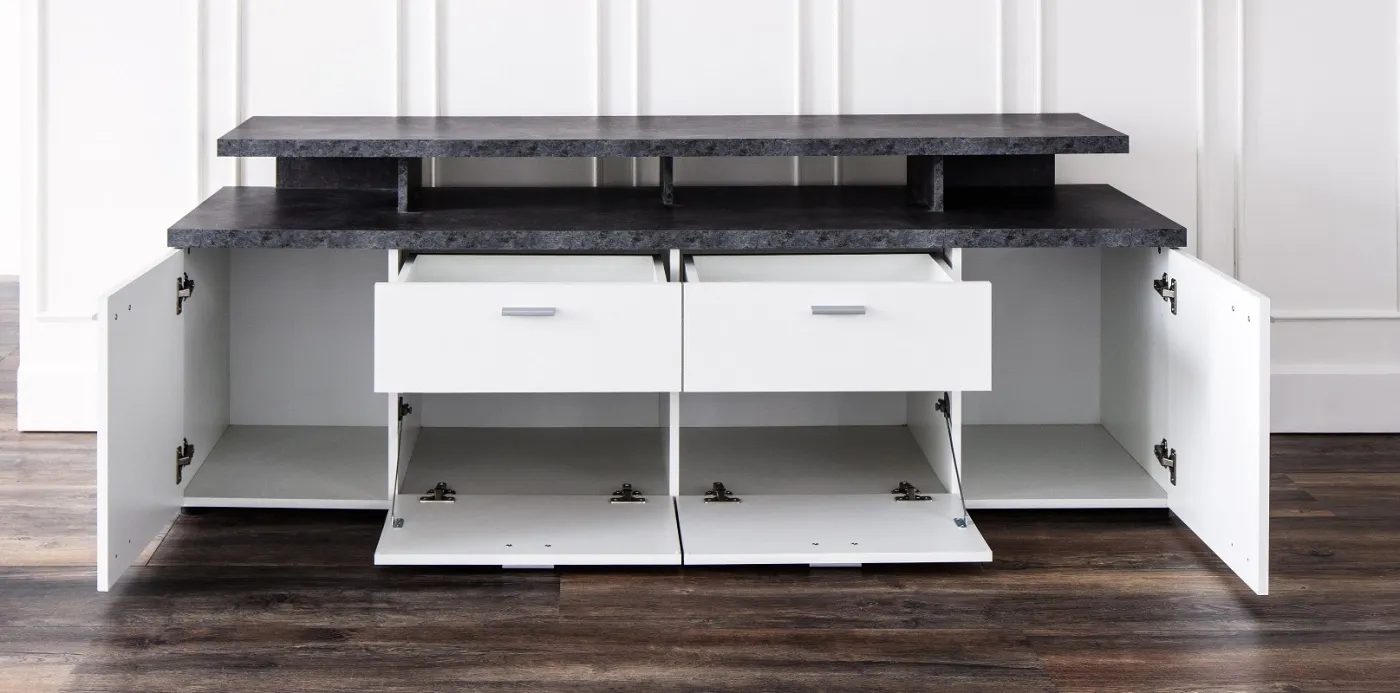 TV Lowboard Mood | weiß / Stone dunkel mit 4er Set LED Unterbauspots