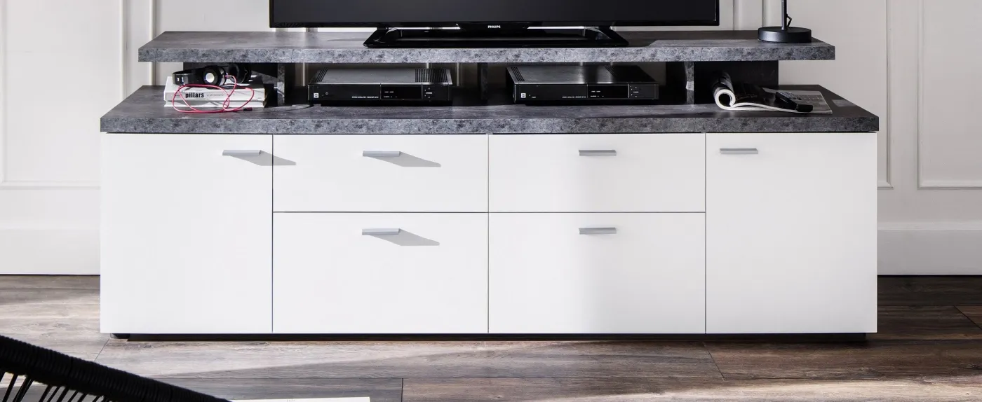 TV Lowboard Mood | weiß / Stone dunkel ohne Beleuchtung