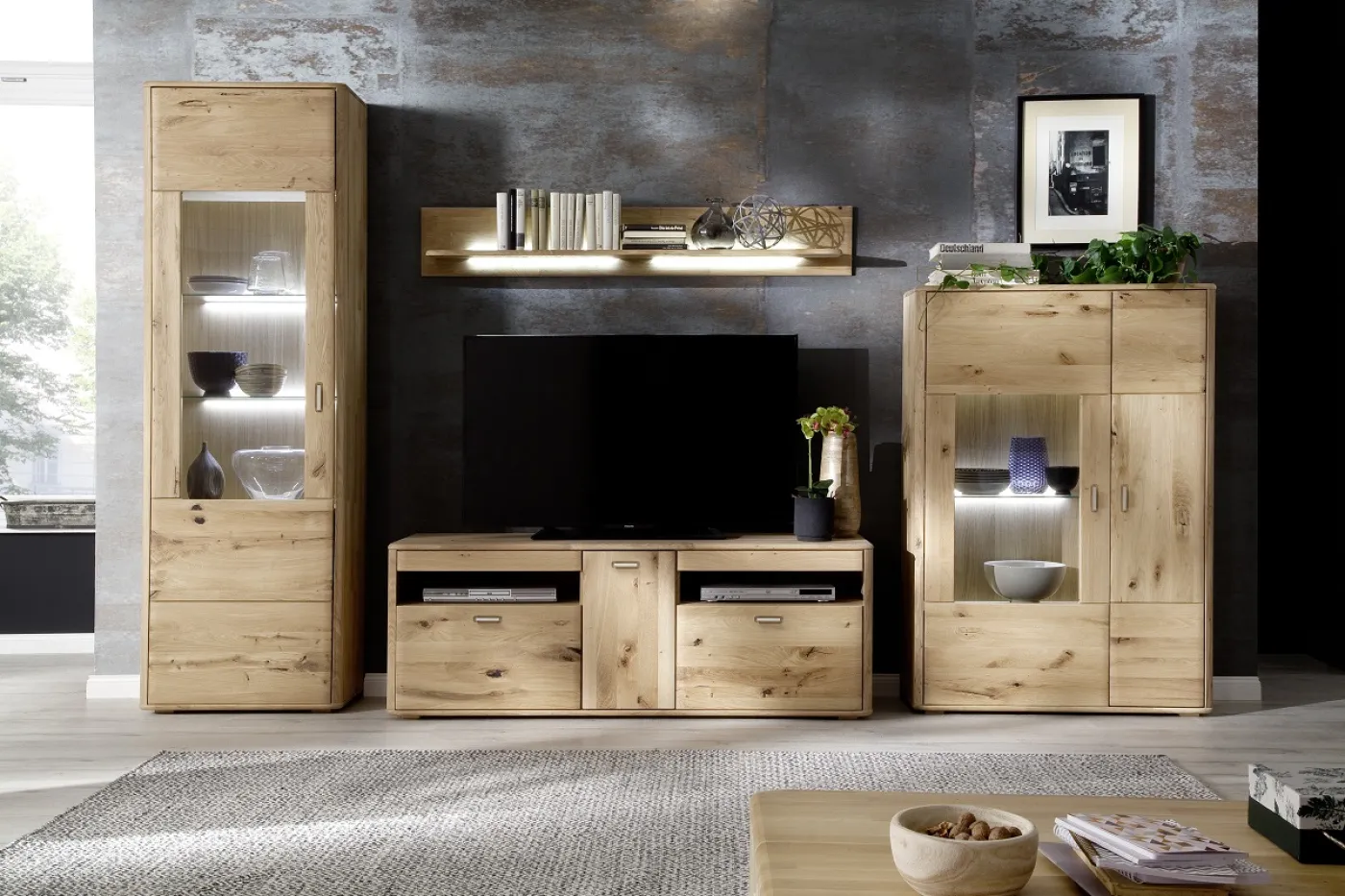 Vitrine 1 Ravello | Balkeneiche Bianco | mit 2er Set LED RW.Bel.