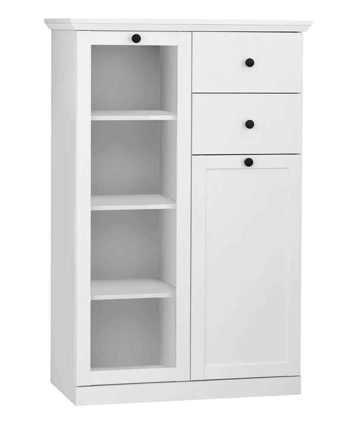 Vitrine Baxter, weiß, Landhausstil, im Wohnzimmer, Glastür mit Beleuchtung, 3 Schubkästen rechts – Ansicht 6