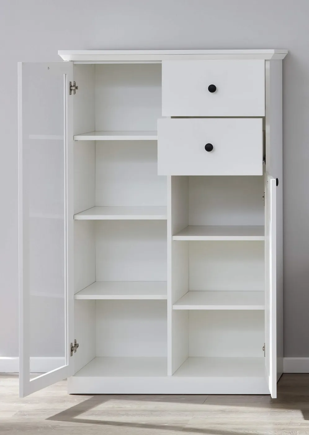 Vitrine Baxter | Landhausstil | weiß | mit 4er Set LED Unterbausspots