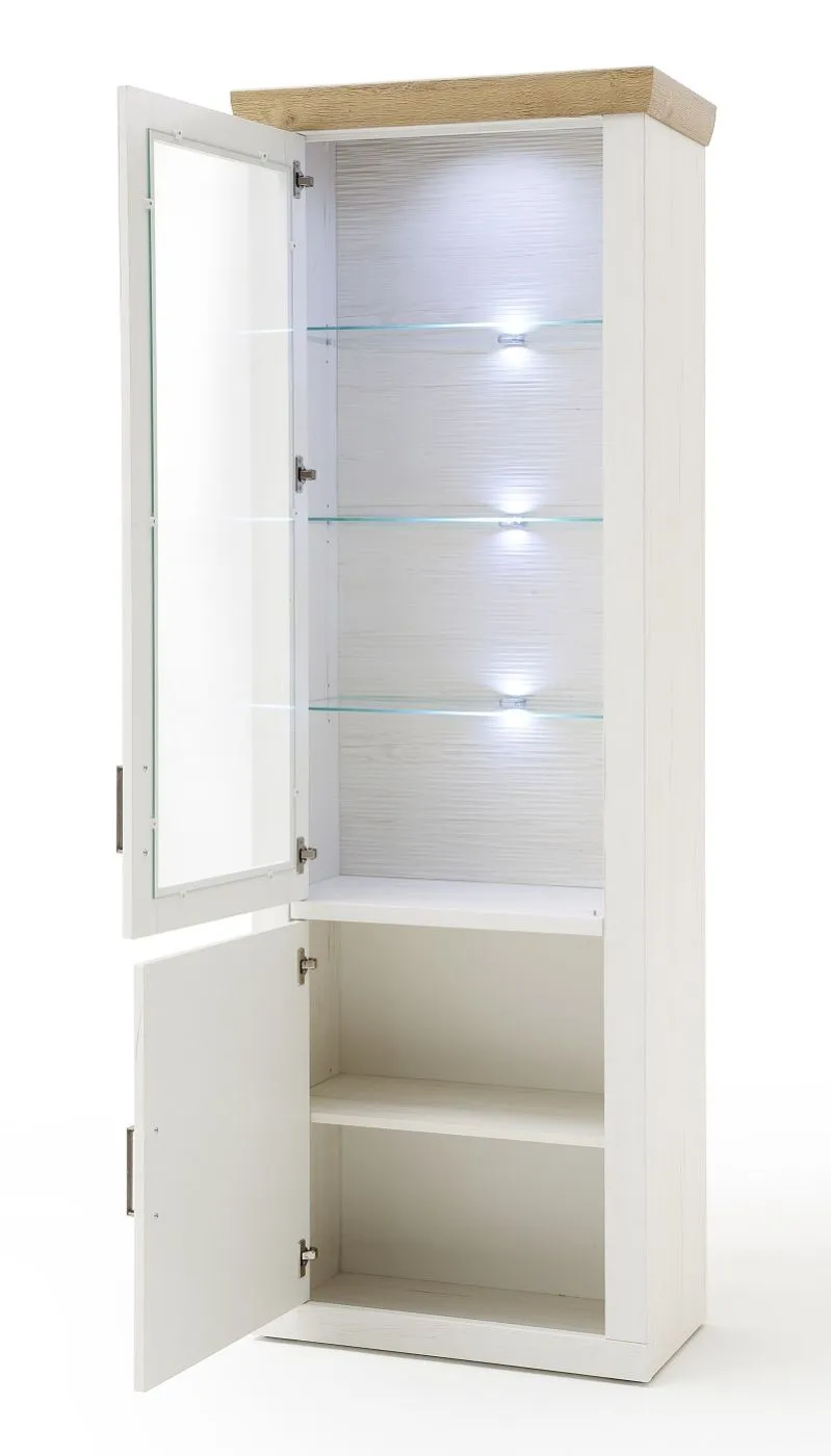 Vitrine Brixen | Landhaus modern | Pinie Aurelio / Grandson Oak mit 3er Set LED Glasbodenclips