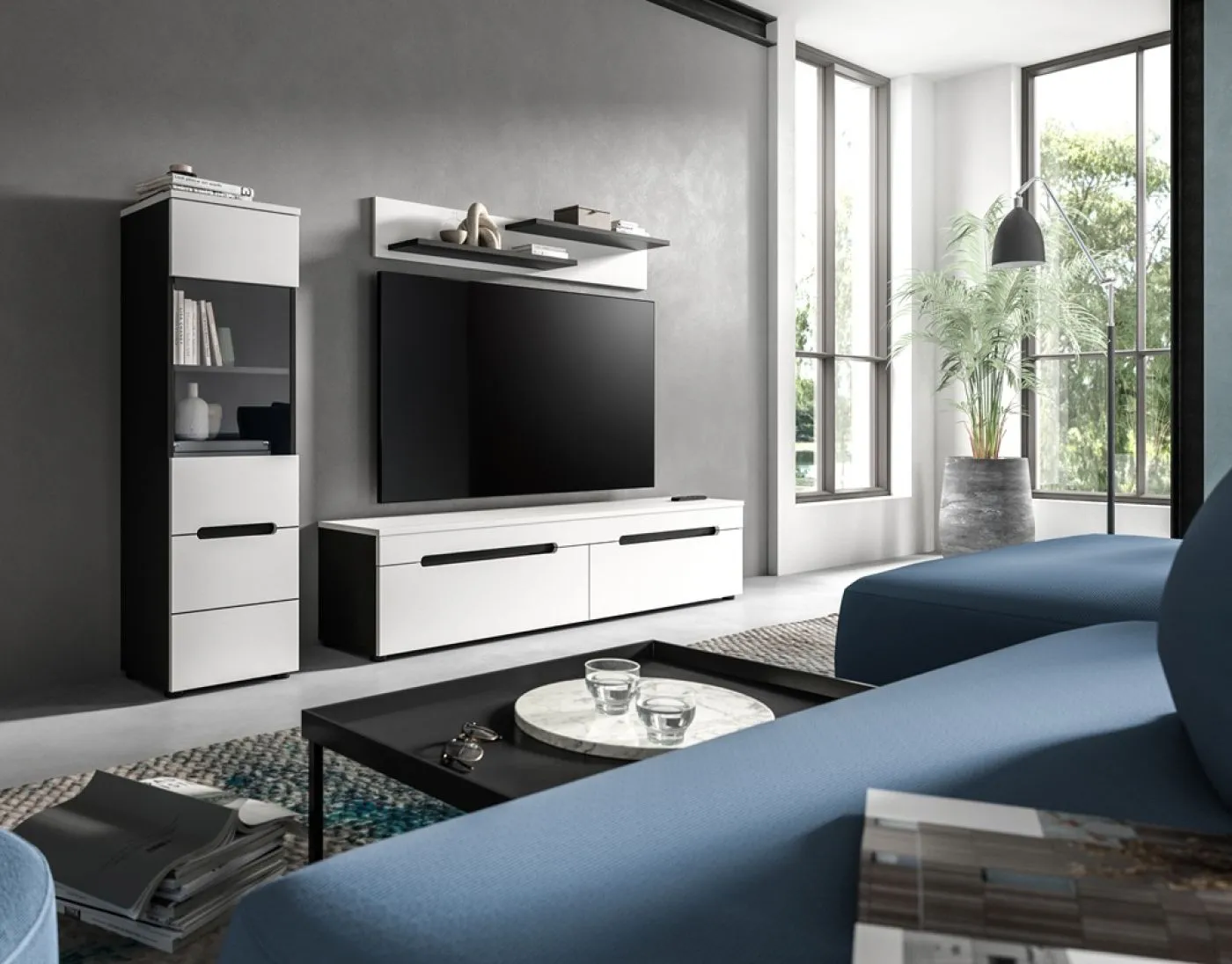 Vitrine Canu | weiß / Basalt Grau mit Beleuchtung