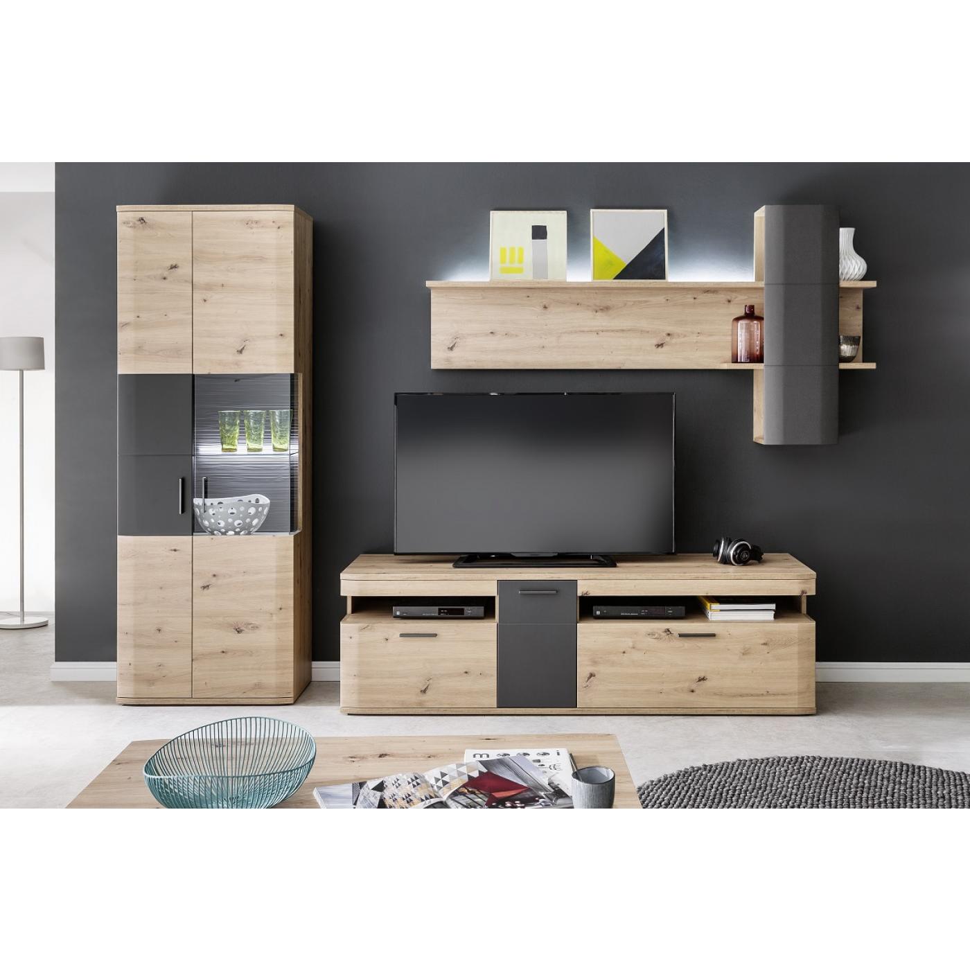 Vitrine Cortona | Balkeneiche / anthrazit | LED Beleuchtung