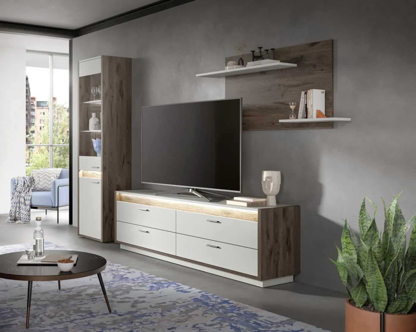 Vitrine Falcona | Nox Oak dunkel / hellgrau | inkl. Frontbeleuchtung