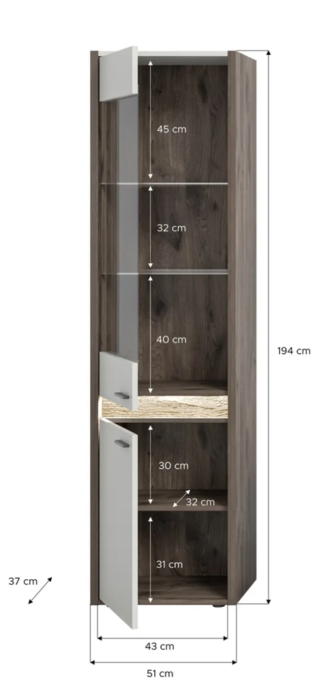 Vitrine Falcona | Nox Oak dunkel / hellgrau | LED Beleuchtung
