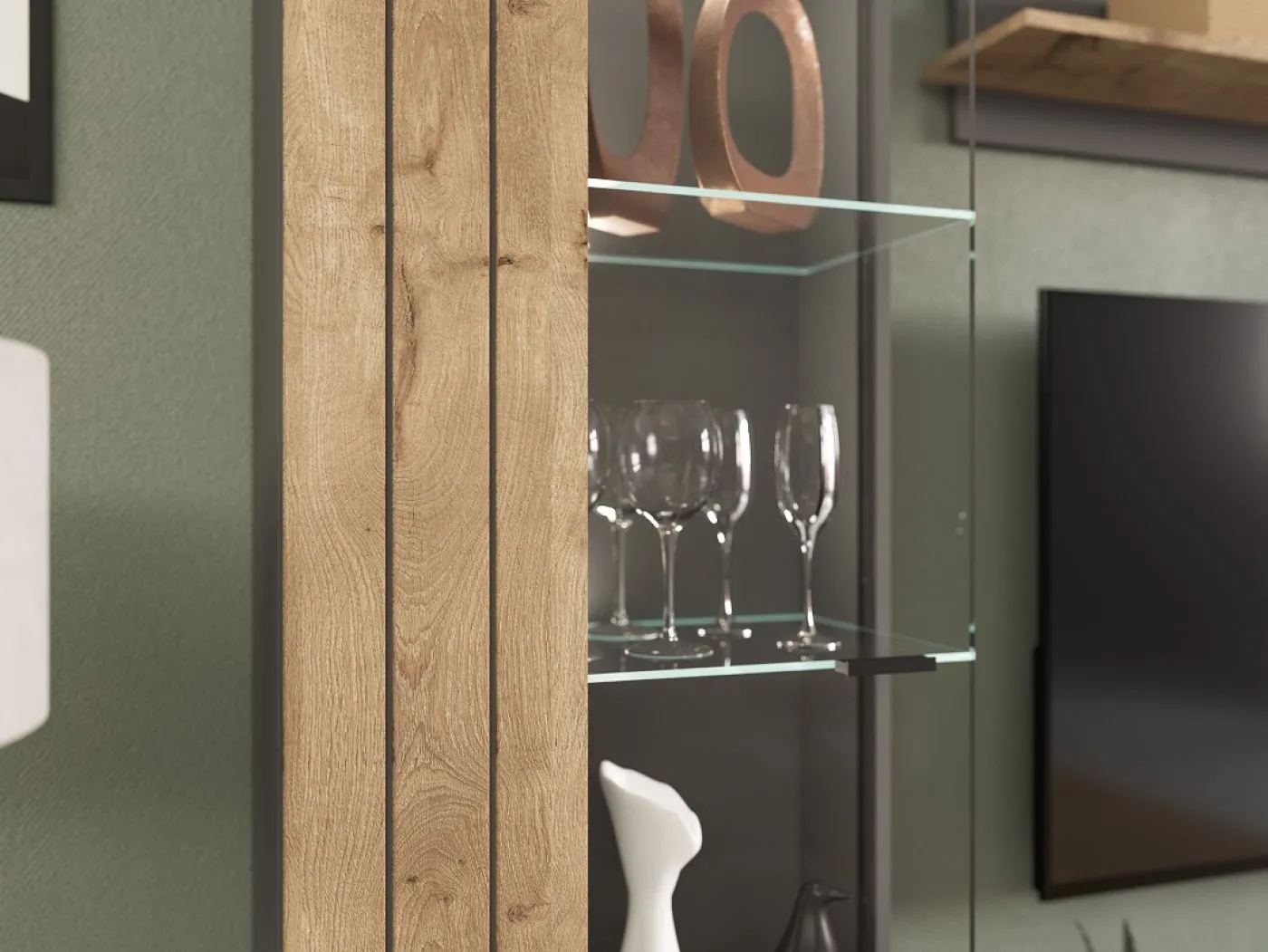 Vitrine Freno | grau matt / Nox Oak | inkl. LED Beleuchtung