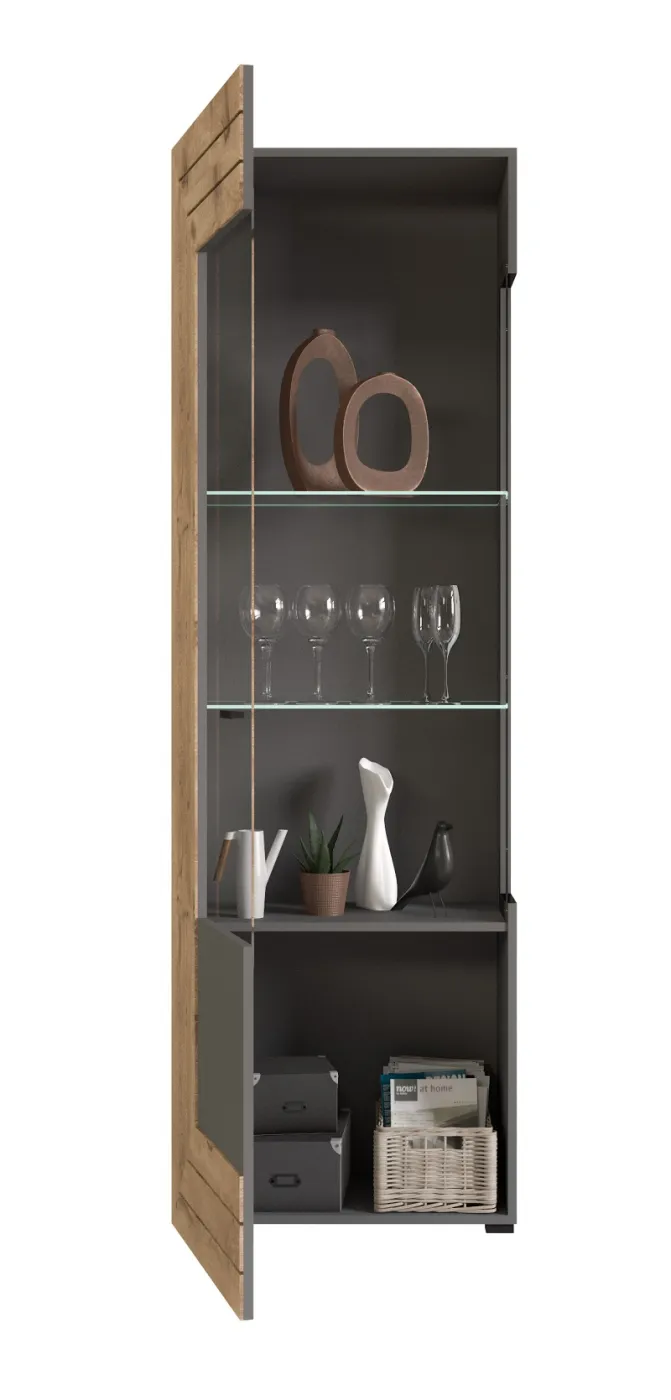 Vitrine Freno | grau matt / Nox Oak | inkl. LED Beleuchtung mit 2er Set LED Unterbauspot