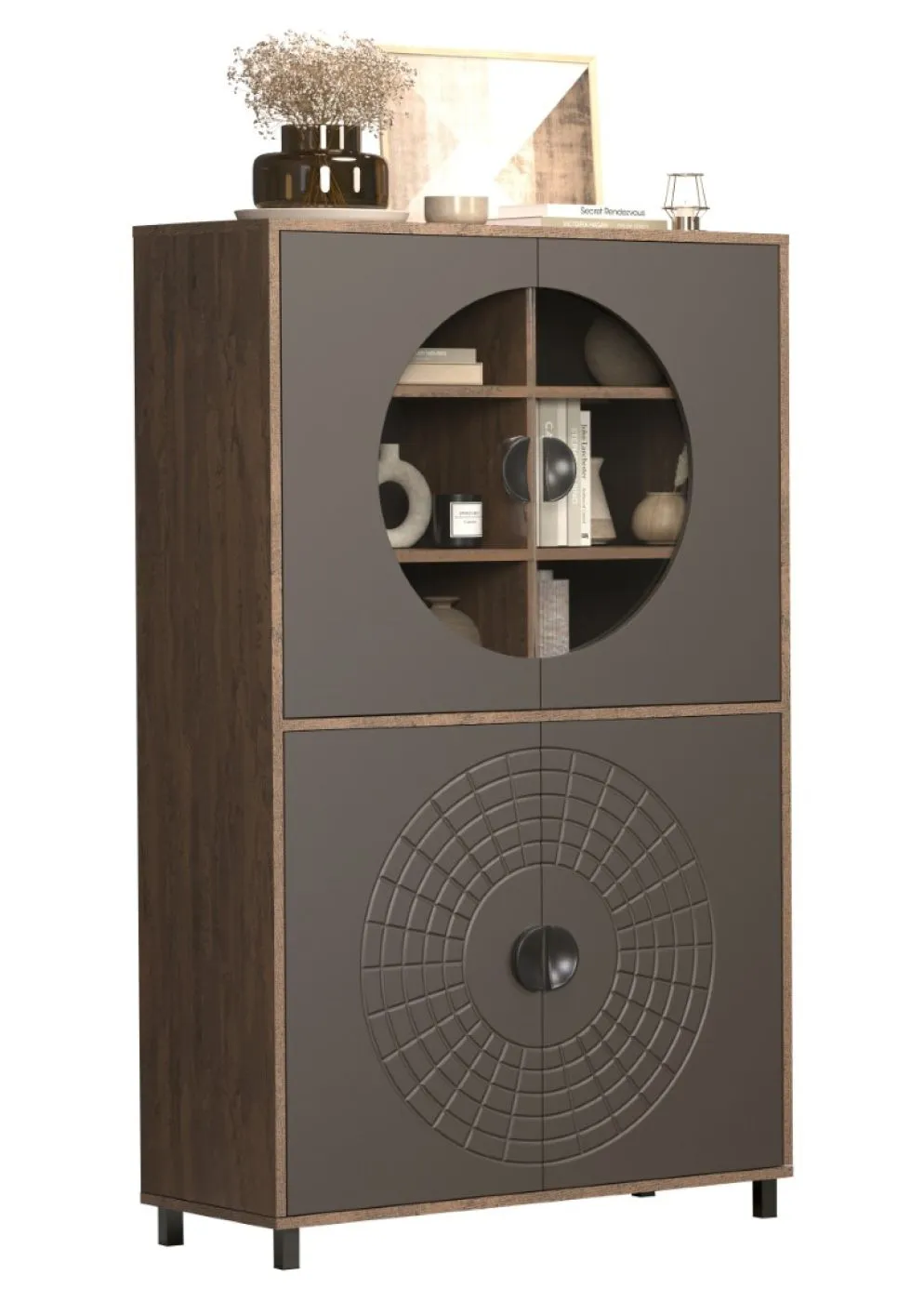 Vitrine Fusion, Perlbronze Dekor, Vitrine mit rundem Glaseinsatz oben, geometrischem Türmuster unten, offene Regalfächer – Ansicht 4