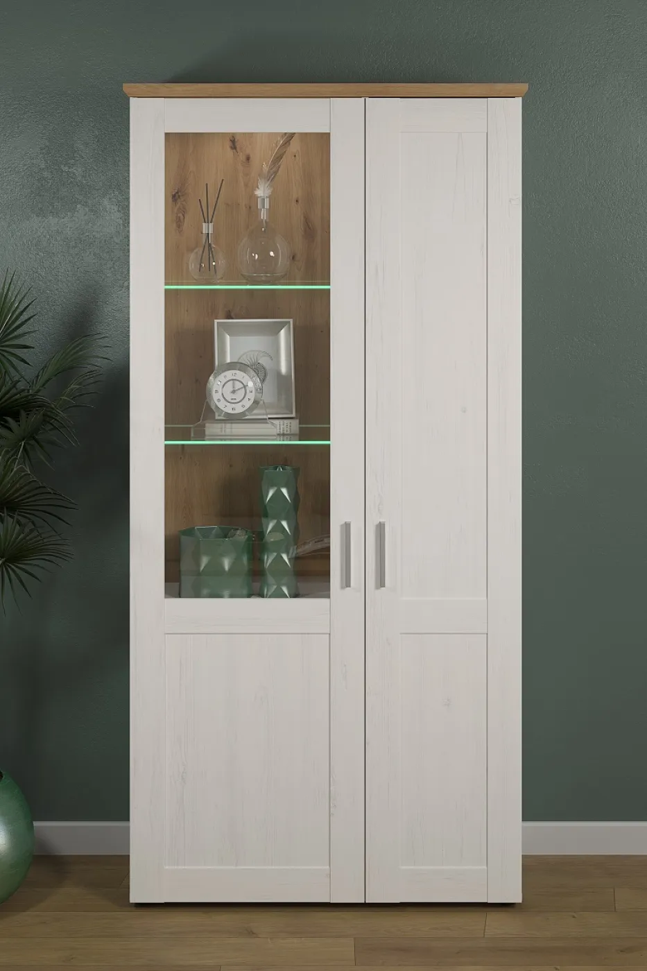 Vitrine groß Shade | Andersen Pinie weiß / Artisan Eiche | Landhausstil | mit 1er Set LED Unterbausspots