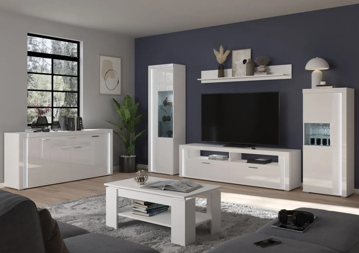 Vitrine halbhoch Skylight | weiß Hochglanz | inkl. Frontbeleuchtung