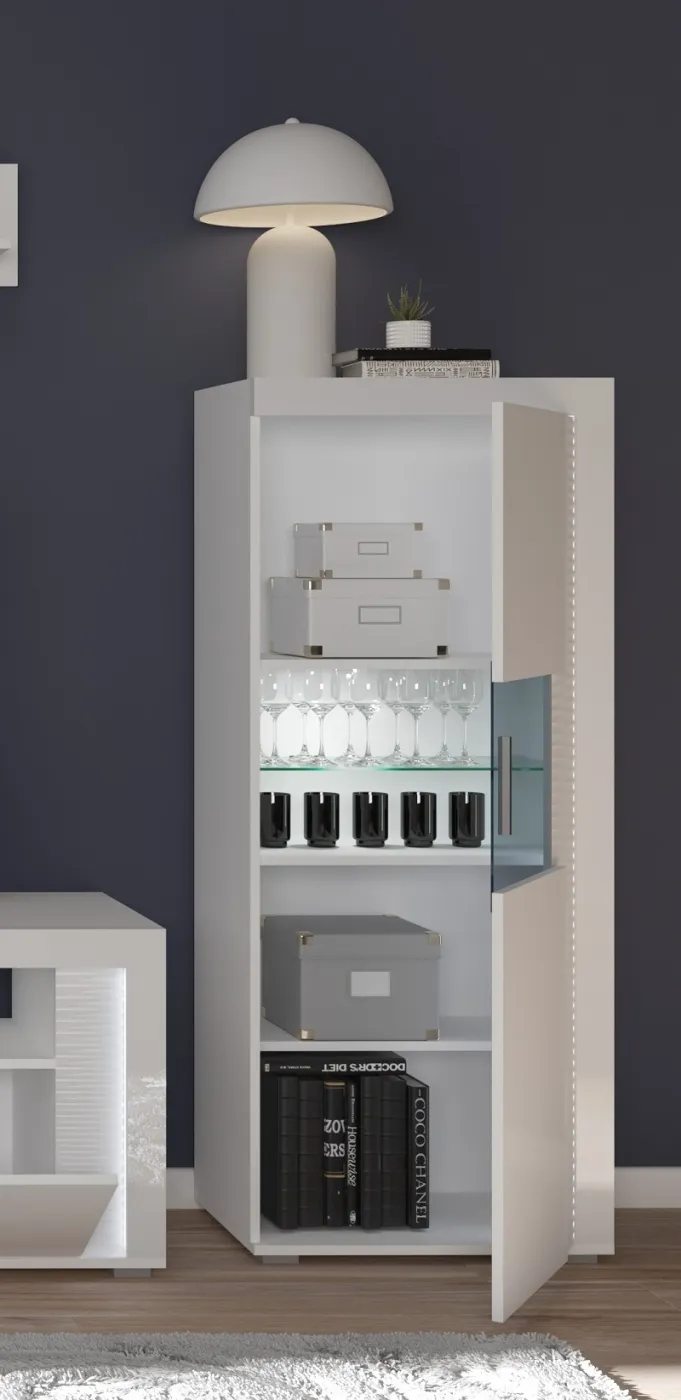 Vitrine halbhoch Skylight | weiß Hochglanz | inkl. Frontbeleuchtung mit 2er Set LED Glasbodenclip