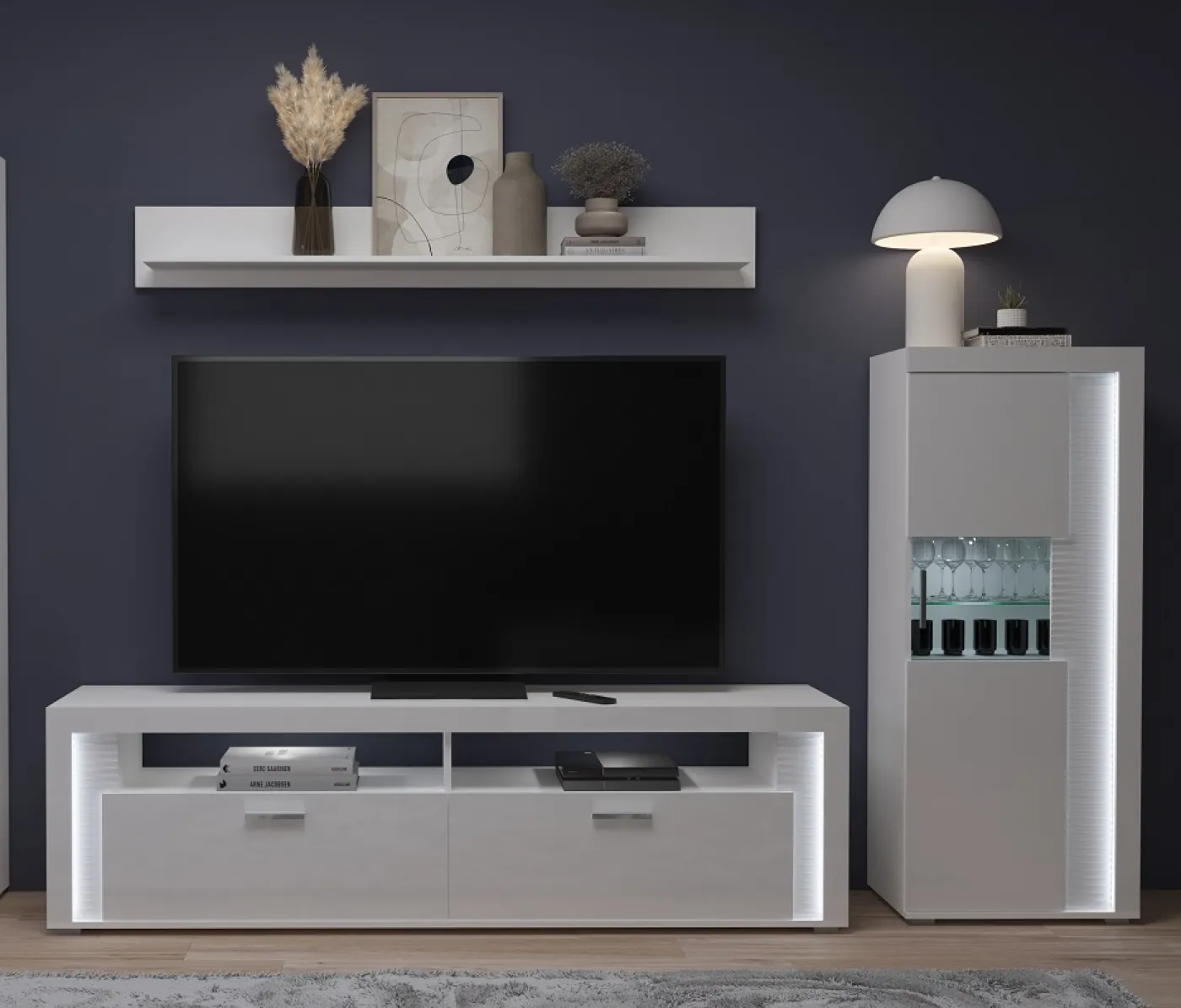 Vitrine halbhoch Skylight | weiß Hochglanz | inkl. Frontbeleuchtung mit 2er Set LED Glasbodenclip