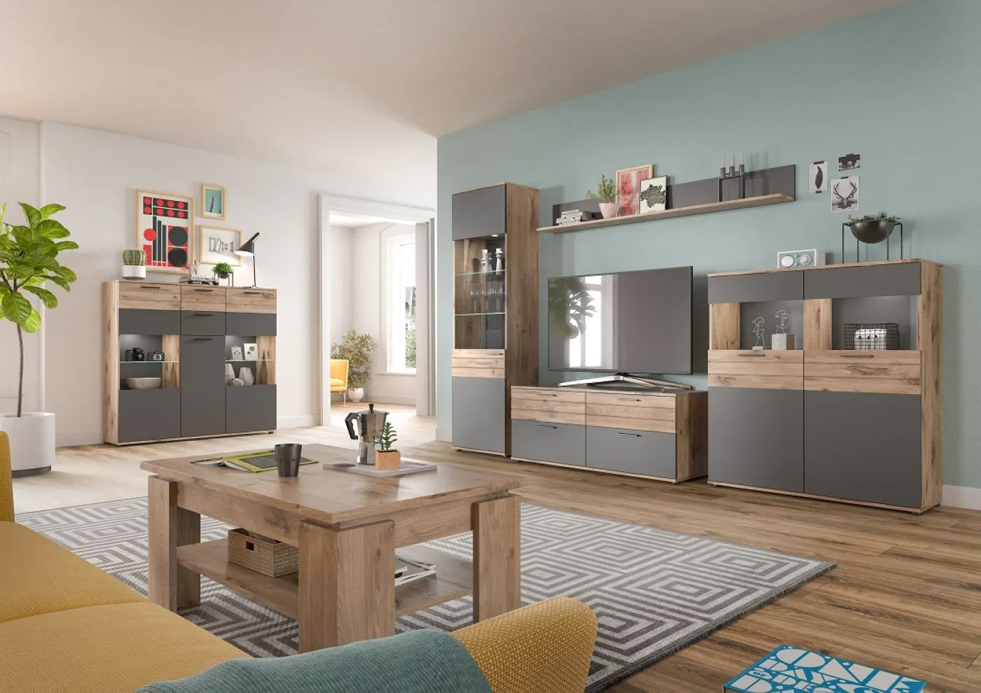 Vitrine Highboard Mason | Nox Oak / Basalt Grau