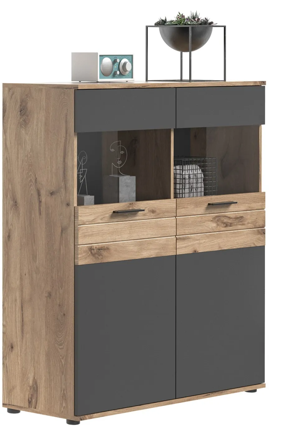 Vitrine Highboard Mason | Nox Oak / Basalt Grau mit 2er Set LED Unterbauspots