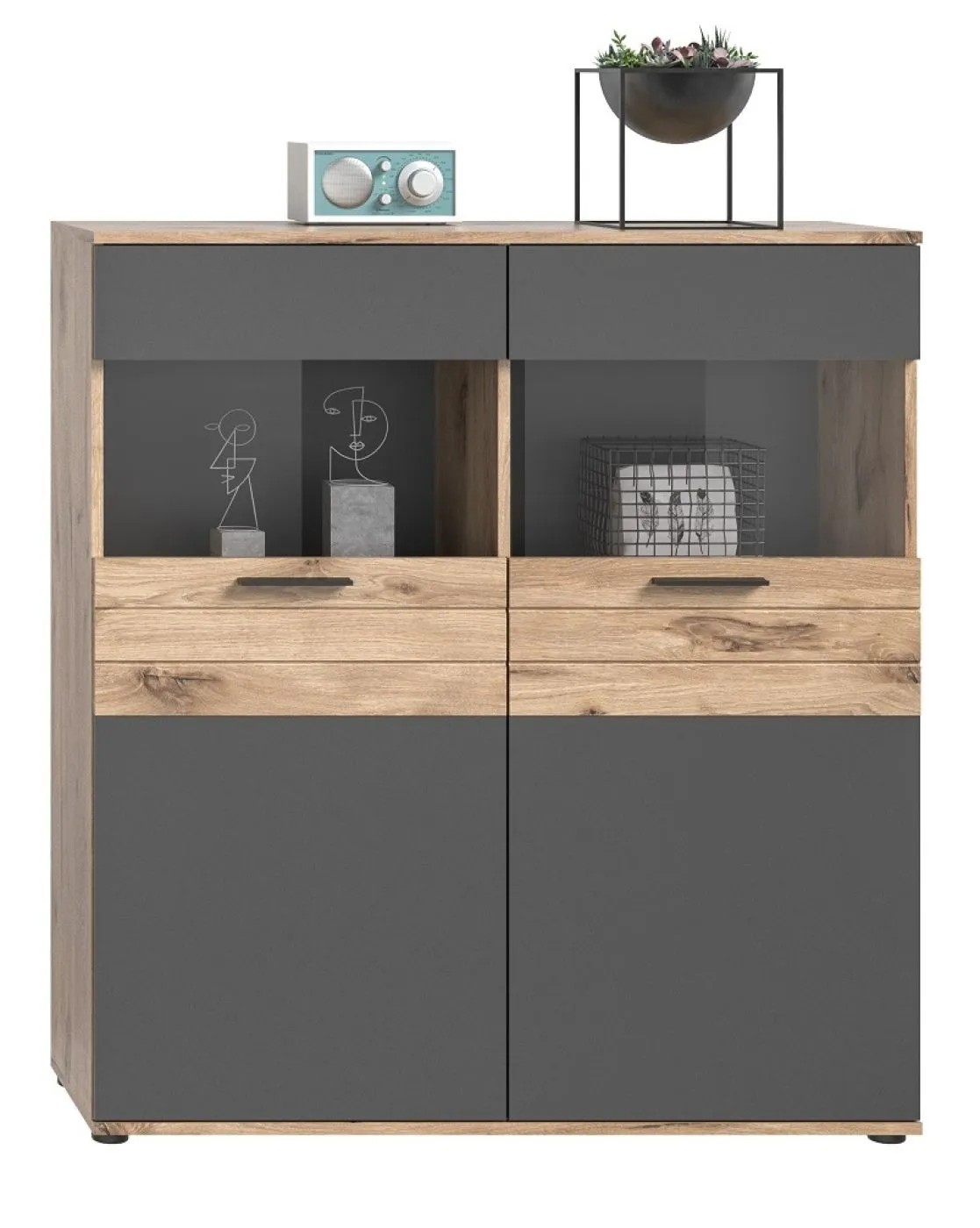 Vitrine Highboard Mason | Nox Oak / Basalt Grau ohne Beleuchtung