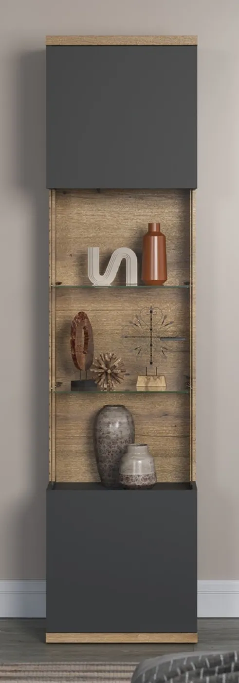 Vitrine Hochschrank Norris | grau / Coast Evoke Oak | 51 cm x 205 cm x 37 cm 2er Set Glasbodenclips