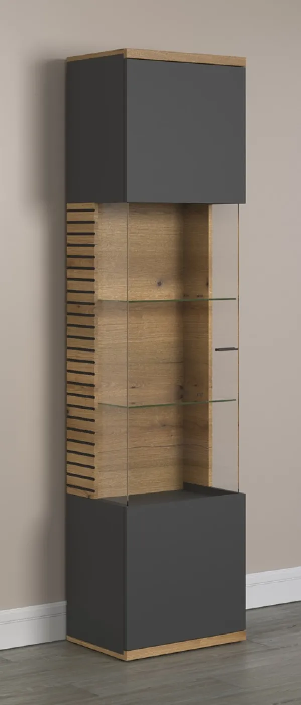 Vitrine Hochschrank Norris | grau / Coast Evoke Oak | 51 cm x 205 cm x 37 cm 2er Set Glasbodenclips