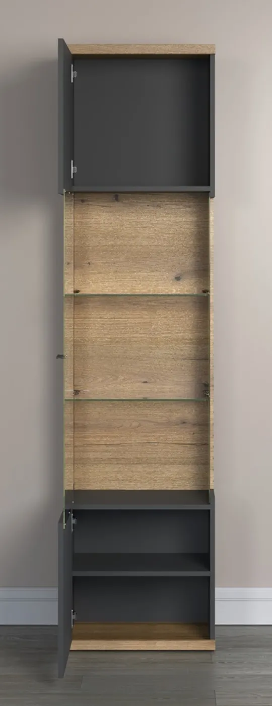 Vitrine Hochschrank Norris | grau / Coast Evoke Oak | 51 cm x 205 cm x 37 cm 2er Set Glasbodenclips
