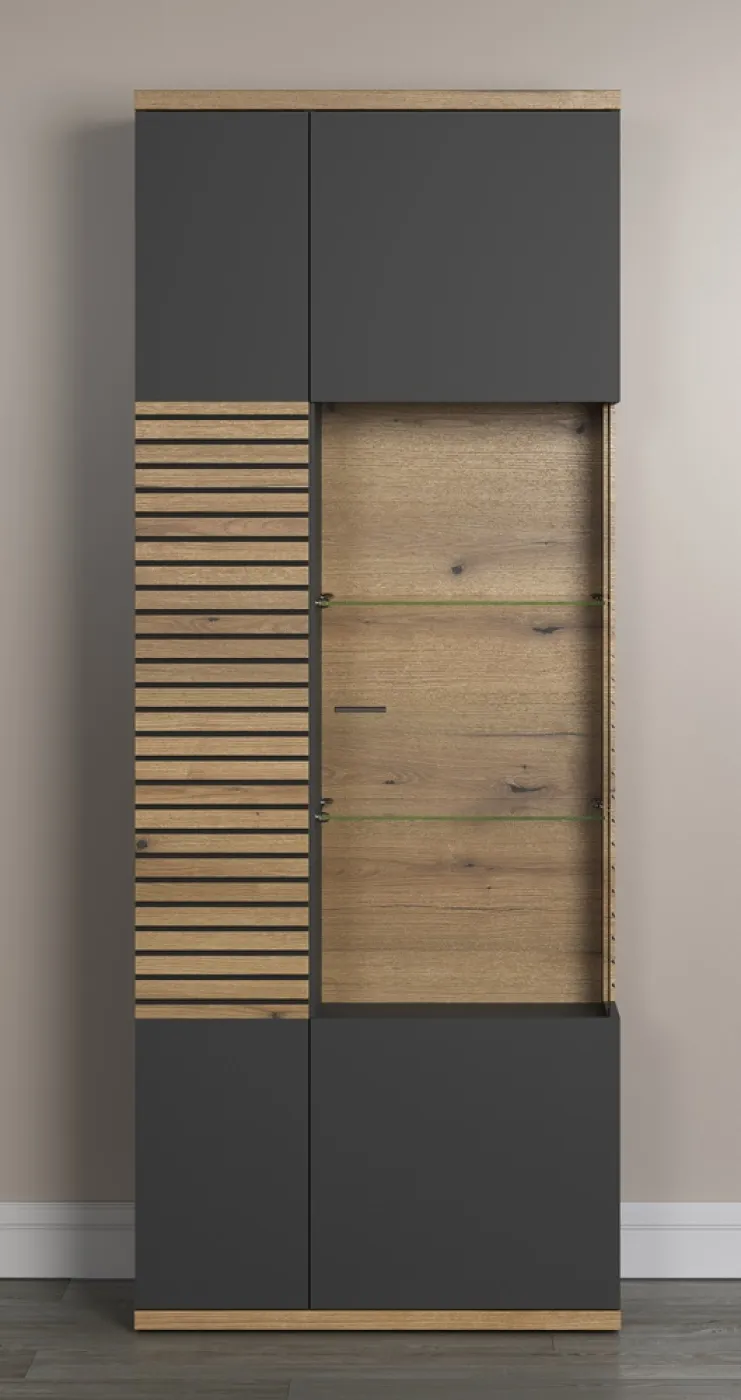 Vitrine Hochschrank Norris | grau / Coast Evoke Oak | 80 cm x 205 cm x 37 cm 1 Set LED Unterbauspot