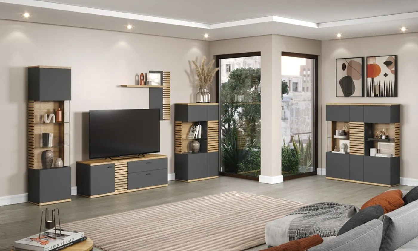 Vitrine Hochschrank Norris | grau / Coast Evoke Oak | verschiedene Größen