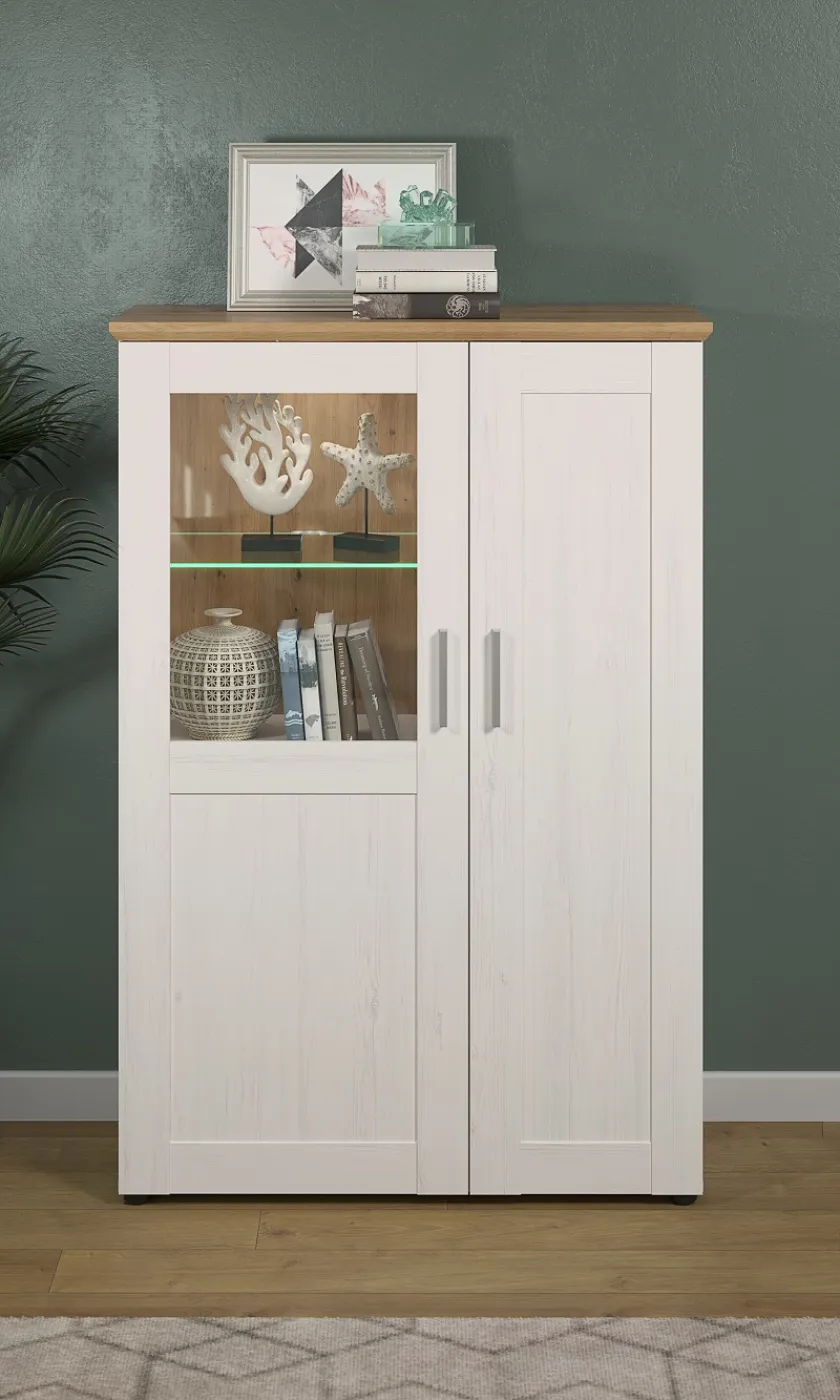 Vitrine klein Shade | Andersen Pinie weiß / Artisan Eiche | Landhausstil | mit 1er Set LED Unterbausspots