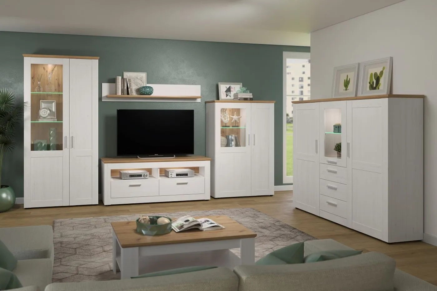 Vitrine klein Shade | Andersen Pinie weiß / Artisan Eiche | Landhausstil | ohne Beleuchtung