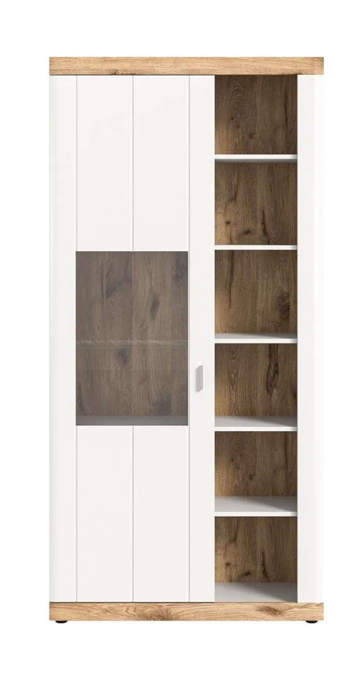 Vitrine Laredo | weiß / Nox Oak | LED Beleuchtung mit 2er Set LED Glasbodenclips